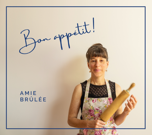 album cover - photo of Amie holding rolling pin with title 'Bon Appétit', and artist name 'Amie Brûlée '