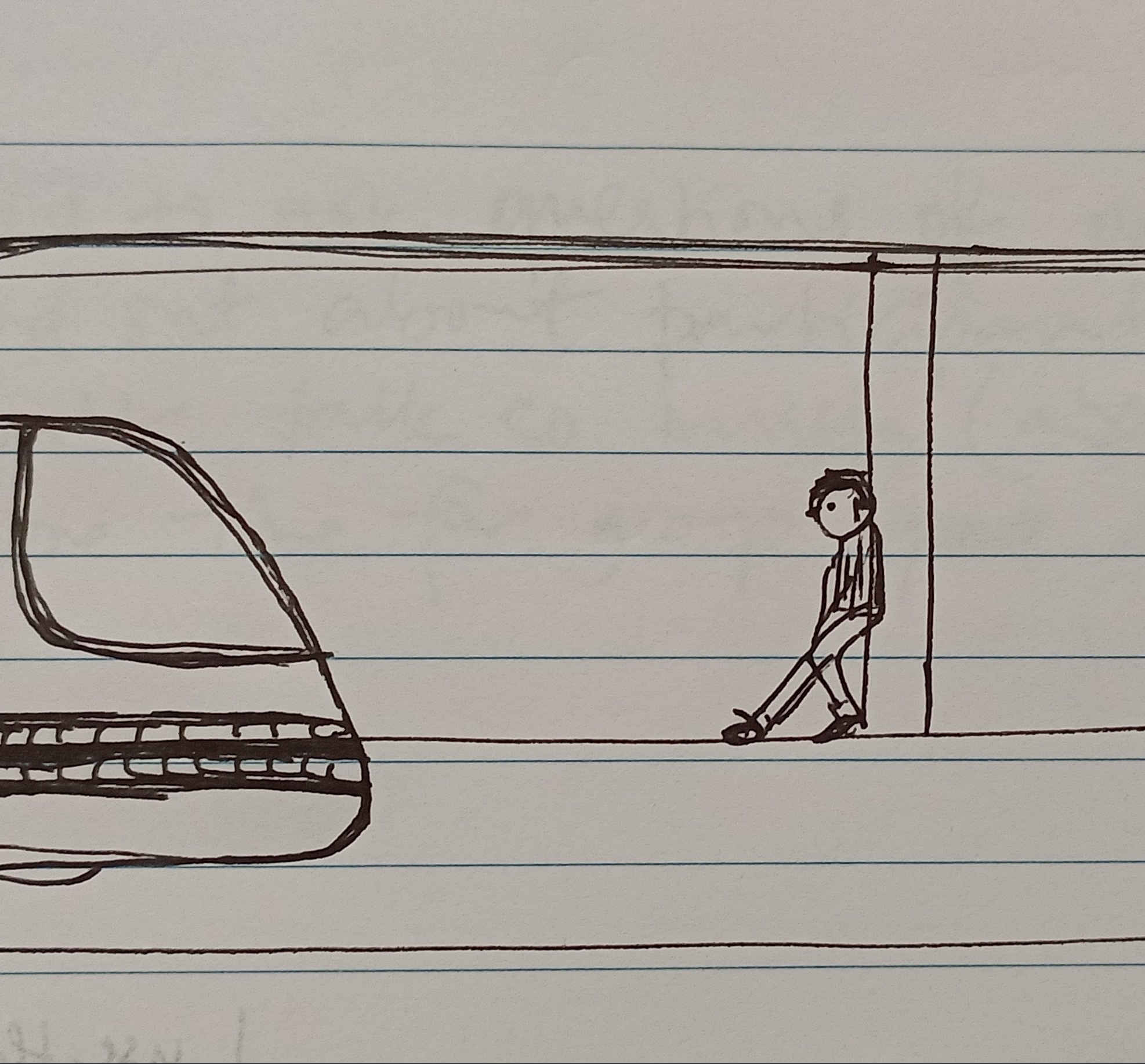 ink sketch of man waiting for train